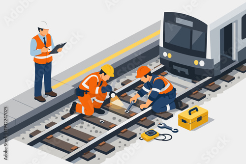 Railway Maintenance Workers and Engineer Inspecting Subway Tracks with Tools and Flashlight, Isometric Vector Illustration of Infrastructure Repair, Safety Inspection, and Public Transport.