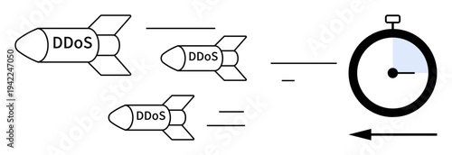 DDoS attack concept. Depiction of DDoS with missiles targeting a timer broad cybersecurity threats. DDoS attacks demonstrate vulnerabilities in online services. For cybersecurity campaigns, digital