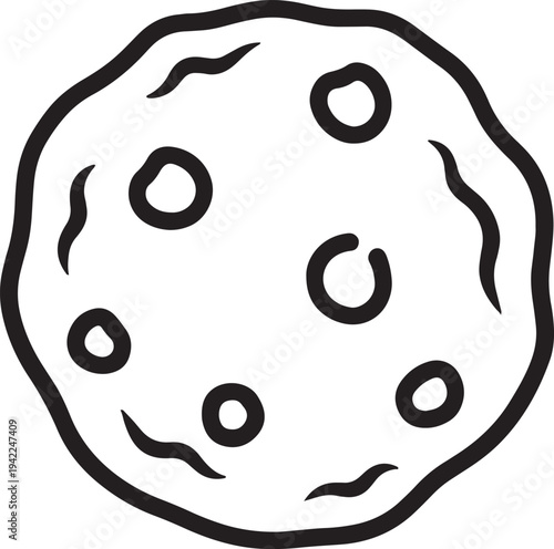 Black and white hand drawn outline of a round cookie with chocolate chips chocolate chip cookie