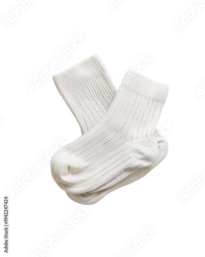 Two White Ribbed Thermal Socks Folded Together on a Transparent Background. Cutout Element Isolated Clipart High Resolution Png