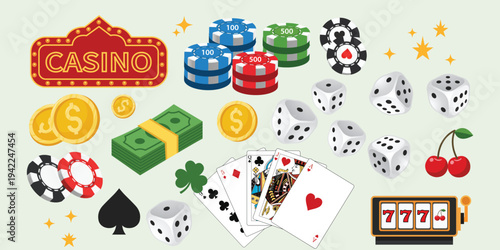 Casino Game Elements: A vibrant collection of casino game elements, artfully arranged to capture the essence of entertainment and fortune. Featuring a array of symbols and game objects.