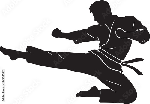 Dynamic black silhouette vector of a martial artist performing a high kick, ideal for sports and fitness designs