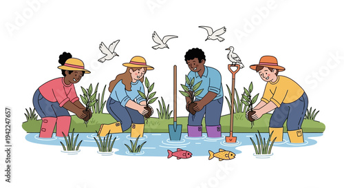 Illustration of diverse people planting in a wetland ecosystem on World Wetlands Day with a crane and fish, conveying an environmental conservation theme.
