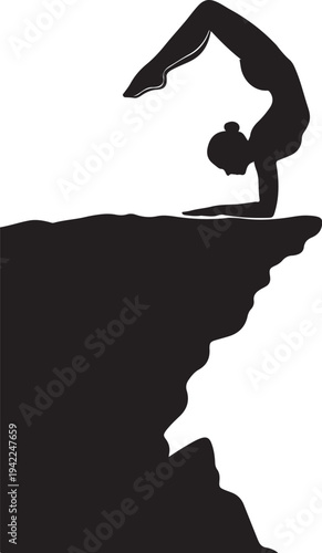 Dynamic black silhouette vector of a female gymnast performing a scorpion handstand on a cliff edge