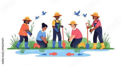 Illustration of people working together on World Wetlands Day, planting in a wetland ecosystem with a crane, fish, and birds, promoting conservation and sustainability.