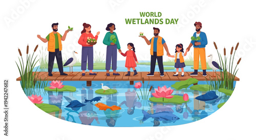 Illustration of a diverse family and friends on a boardwalk over a vibrant wetland ecosystem with fish and a crane for World Wetlands Day, with a colorful and lively design.