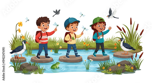 Illustration of children crossing stepping stones in a wetland ecosystem with a crane, birds, and lush vegetation on World Wetlands Day, promoting environmental awareness and conservation.