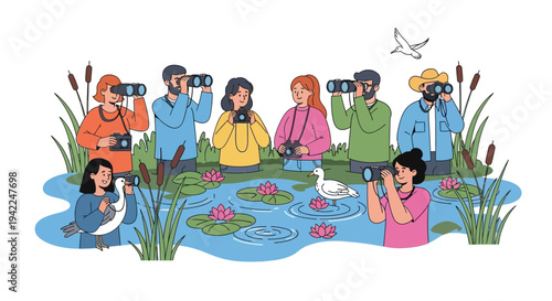 Illustration of diverse people observing wetland wildlife on World Wetlands Day with binoculars and cameras in a colorful ecosystem with a crane and fish.