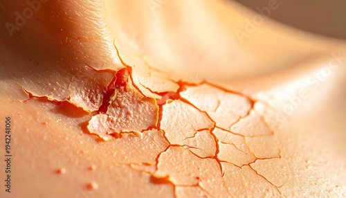 Close-up of dry, cracked skin on a persons neck, showing signs of severe dehydration and peeling, with a reddish tint indicating irritation or sunburn.