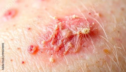 Close up of inflamed human skin with pustules and redness indicating a severe dermatological condition.