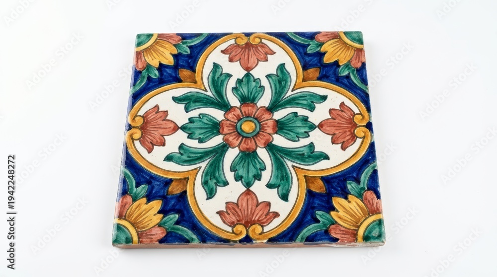 Obraz premium Ornate Hand-Painted Ceramic Tile with Intricate Floral and Leaf Pattern in Vibrant Blue Green and Orange Hues on White Background