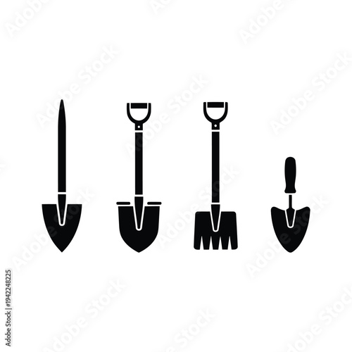 Illustration of black and white icons of shovels and spades on construction tools theme vector