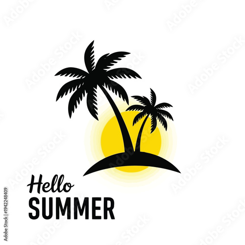 Illustration of vector illustration of palm trees and sunset with hello summer text on vector