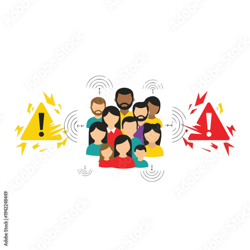 Minimal vector illustration symbolizing humanitarian impact of war between nations showing civilians icons caught between warning symbols borders and military signals simple shapes emotional storytell