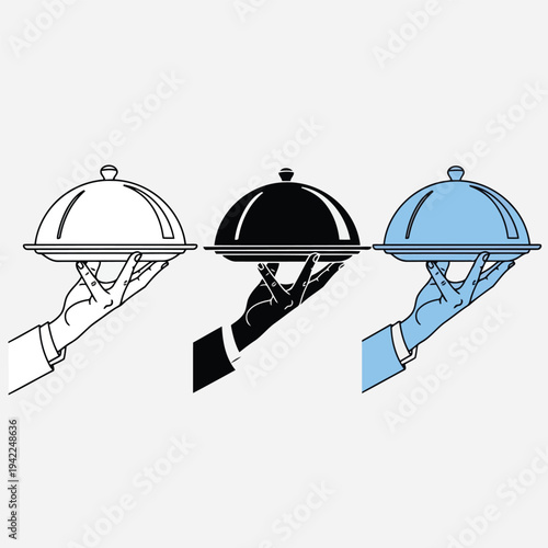 Illustration of three hands holding covered serving dishes in different colors vector