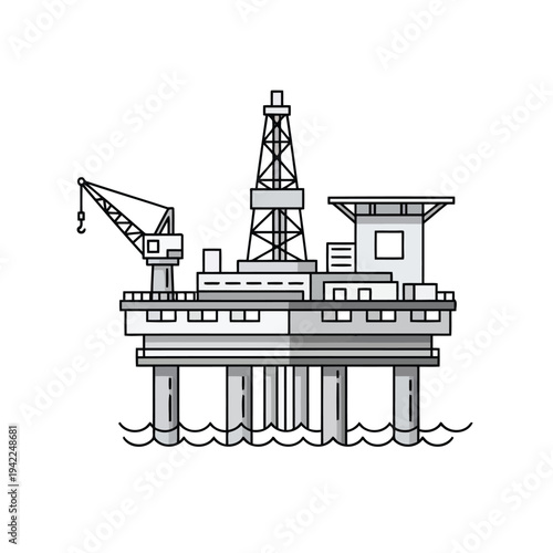 Illustration of offshore oil rig platform with crane on water surface in sea vector