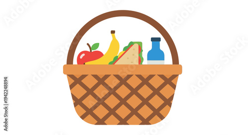 Wicker Picnic Basket with Food.