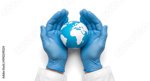 Hands holding globe with blue medical gloves symbolizing healthcare global unity and protection