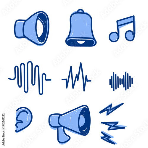 Hand drawn doodle audio, sound, and podcast icon related set illustration