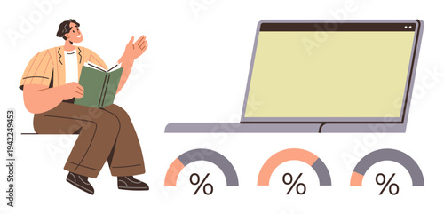 Education, online learning, progress tracking, data analytics, productivity, technology. A person sits reading a book next to a laptop and progress graphs. Online learning and progress tracking