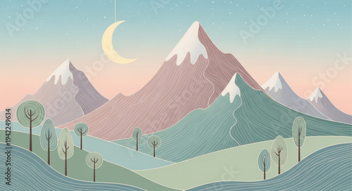 Serene Mountain Landscape with Snow-Capped Peaks and Forests.
