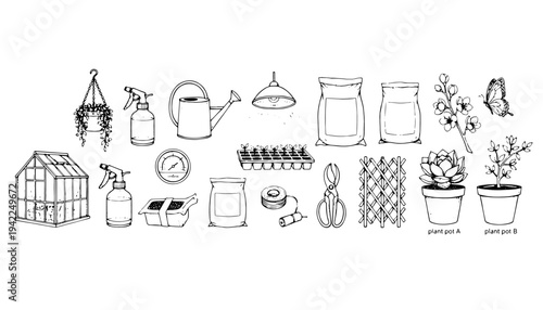 Gardening icon set and greenhouse supplies vector engraving style on white isolated background for plant care infographic design