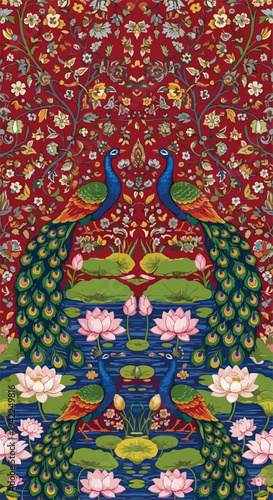WebPichwai peacock garden wallpaper, majestic peacocks among lotus ponds and floral vines, Indian temple textile design, rich ornamental details, symmetrical vector wallpaper pattern