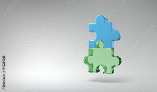 3D puzzle, jigsaw float on abstract grey bg. Business team concept, solve problem challenge. Connect pieces strategy. Partnership helps join toy parts together. Solve logic maze. Isometric scene glass