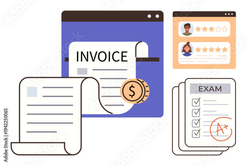 Financial management, education, online reviews, e-commerce, digital records, analysis. Invoice with dollar icon, star reviews and checked exam sheets. Financial management and education concept