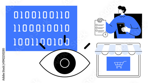 Digital security, data management, e-commerce, information systems, online transactions, user interface. an eye analyzing binary code and person with a checklist. Digital security and data management