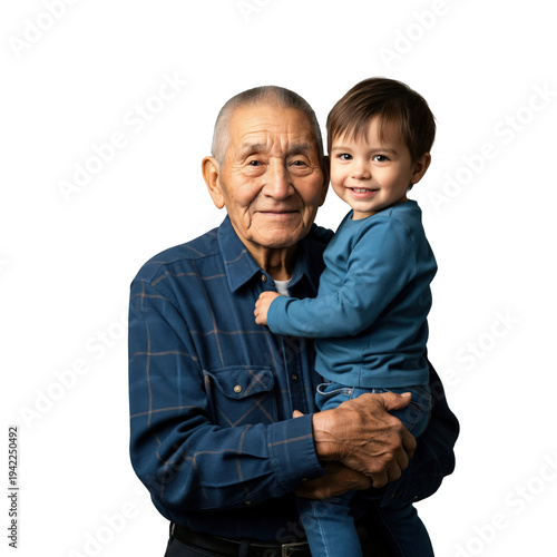 Indigenous Native American grandfather holding his young grandson smiling on transparent background