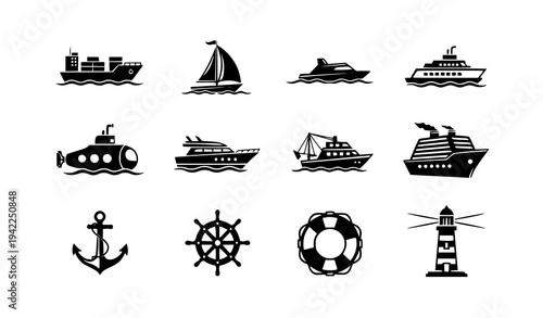Black and white water transport icons set with ships sailboats ferry submarine and nautical symbols isolated on transparent background