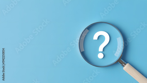 Magnifying glass with question mark on blue background symbolizing search inquiry investigation concept