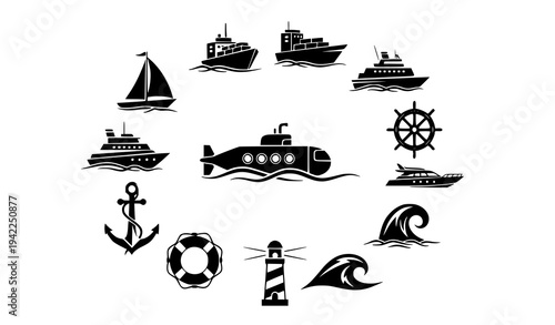 Black and white maritime transport icons vector set with boats ships submarine anchor and lighthouse isolated on transparent background
