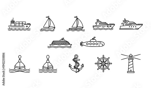 Minimalist black and white nautical transport icons with cargo ship yacht submarine and lighthouse vector isolated on transparent background