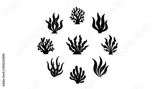 Marine reef flora silhouettes vector set with underwater seaweed algae and aquatic plants isolated on transparent background