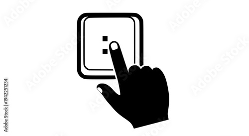 Black silhouette icon illustrating a human index finger pressing a stylized digital touchscreen button or icon element on transparent background. 