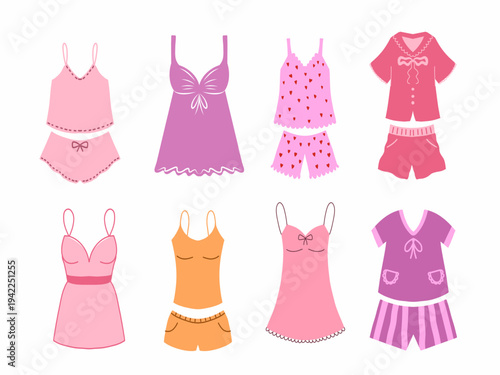 Women doodle style pajamas. Collection of elements on a white background.