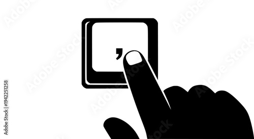 Comma key being pressed by a black stylized hand, symbolizing grammar, punctuation, accurate writing, and editing for digital communication, content creation, and error correction purposes .