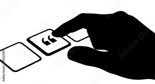 Hand pressing quotation mark key on a minimalist digital interface illustration. This symbolizes communication, feedback, dialogue, online reviews, and testimonials for web content on transparent .