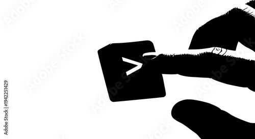 Detailed close-up of a human finger pressing a black computer keyboard key, prominently displaying a white greater than symbol, offering a clean, modern technology concept on transparent background. 