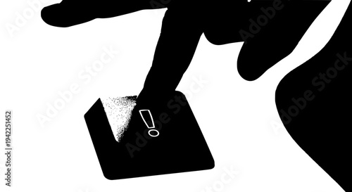 Exclamation mark button being pressed by a human finger on a dark digital interface, symbolizing alert, warning, importance, or critical information on transparent background. 