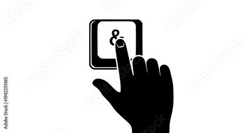 Black silhouette graphic illustration of a human index finger pressing the ampersand symbol key on a square keyboard button for combination or addition on transparent background. 