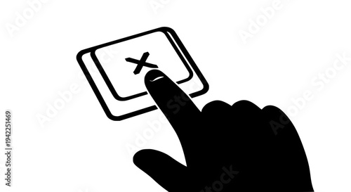 Black silhouette icon representing a finger pressing the close button or cancel option on a digital interface element on transparent background. 