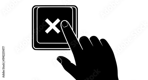 Hand pressing a close button symbol, representing deletion, cancellation, or error. This graphic illustration is perfect for web design, user interface, or application development projects .