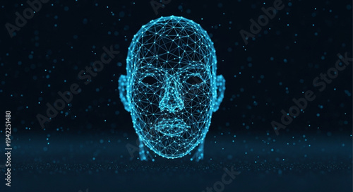 Digital Human Face Made of Blue Particles.