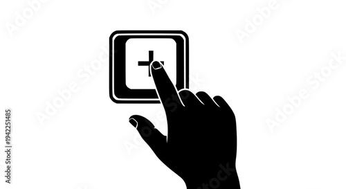 Silhouette of a human finger pressing a stylized plus sign button icon representing addition creation selection interaction or new element initiation on transparent background