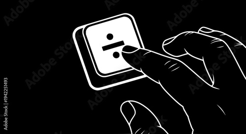 Hand pressing division symbol key on calculator or computer keyboard keypad illustrating mathematical computation concept of splitting and problem-solving graphic element design on black background.
