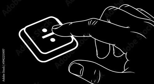 Stylized black and white illustration of a human finger pressing the division symbol key on a calculator or computer keyboard interface on transparent background. 