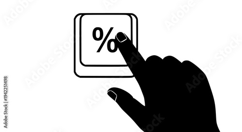 Black silhouette hand finger pressing percentage button symbol icon for financial discount sale or interest calculation on transparent background